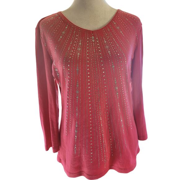 Karen Scott Pink Rhinestone Sparkle Top Sz XS Sparkly Twee Graphic Dopamine - Picture 1 of 6